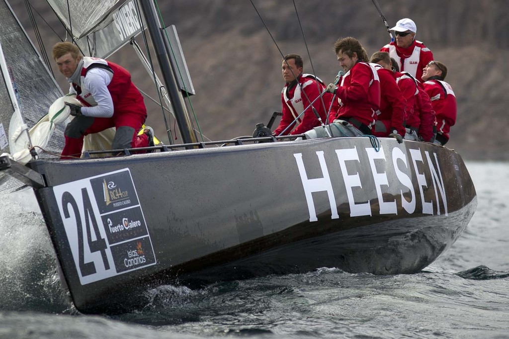 Ed Baird at the helm of Synergy Russian Sailing Team - RC44 Calero Cup 2012 © Nico Martinez http://www.nicomartinez.com