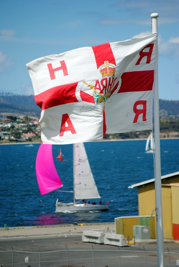 The Royal Hobart regatta burgee frames The Protagonist, skippered by Colin Denny, president of the Maritime Museum of Tasmania - Royal Hobart Regatta 2012 photo copyright Rob Cruse taken at  and featuring the  class