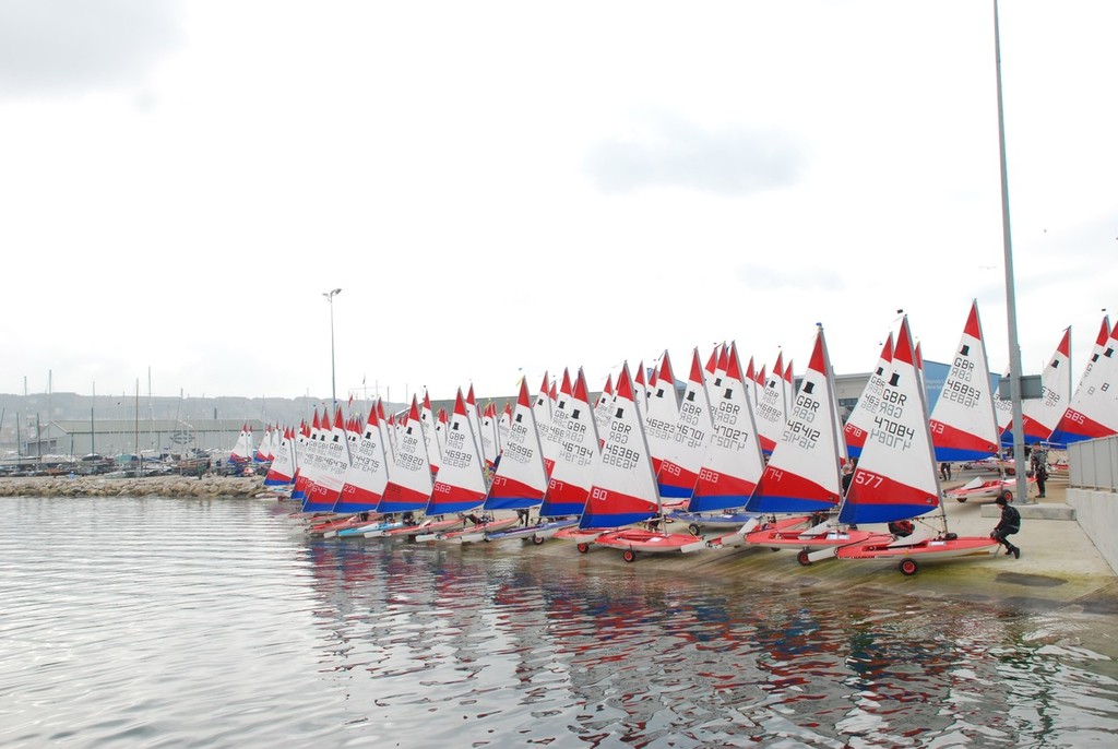 The Topper fleet launch from the expansive slipway at the WPNSA - Topper Winter Regatta 2012 photo copyright Topper http://www.gbrtopper.co.uk taken at  and featuring the  class