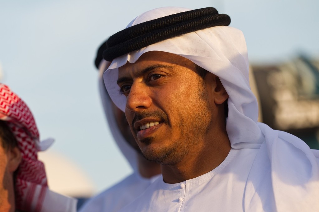 Highness Sheikh Sultan Bin Tahnoon Al Nahyan, Chairman of Abu Dhabi Tourism Authority at the finish of leg 2 of the Volvo Ocean Race 2011-12, from Cape town, South Africa, to Abu Dhabi, UAE. © Ian Roman/Volvo Ocean Race http://www.volvooceanrace.com