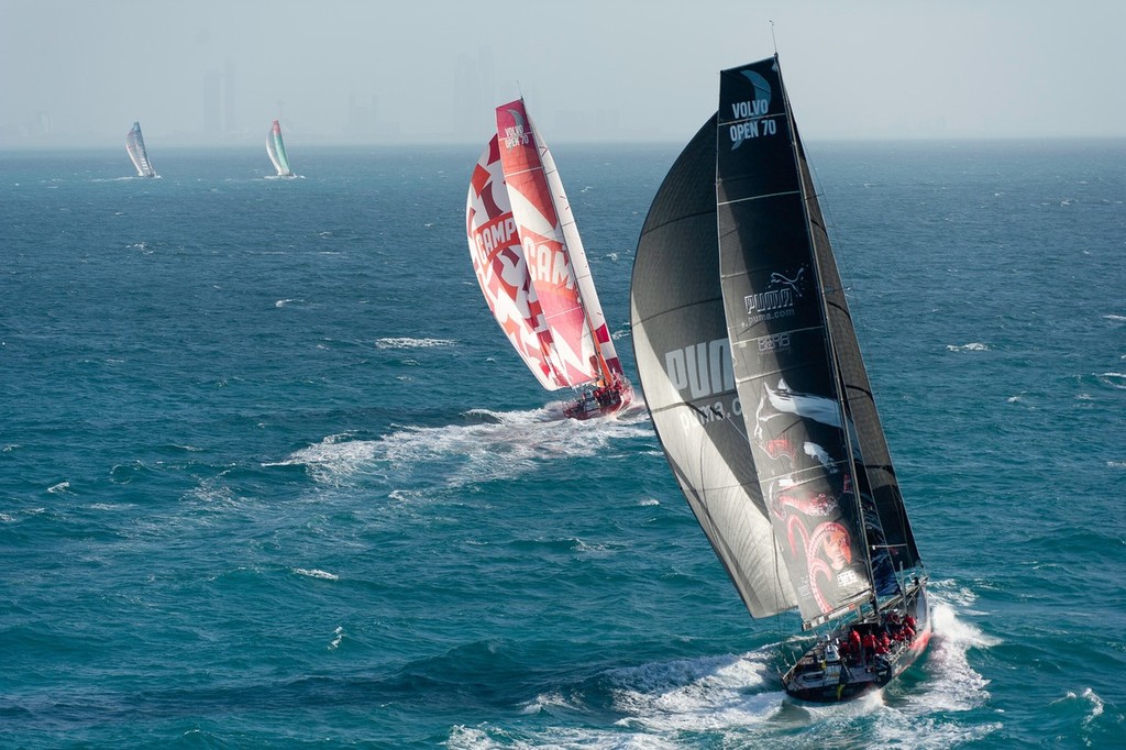 PUMA Ocean Racing powered by BERG, skippered by Ken Read from the USA at the finish of leg 2 of the Volvo Ocean Race 2011-12, from Cape Town, South Africa to Abu Dhabi, UAE.  © Paul Todd/Volvo Ocean Race http://www.volvooceanrace.com