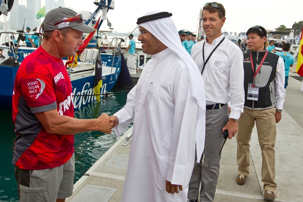 Camper with Emirates Team New Zealand, skippered by Chris Nicholson  and His Excellency Mubarak Al Muhairi - Director General, Abu Dhabi Tourism Authority during the start of leg 3 of the Volvo Ocean Race 2011-12 from Abu Dhabi, UAE to Sanya, China. (Credit: IAN ROMAN/Volvo Ocean Race) © Ian Roman/Volvo Ocean Race http://www.volvooceanrace.com