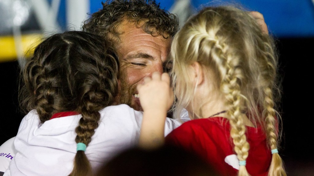 Richard Mason with his daughters. Team Sanya, skippered by Mike Sanderson from New Zealand finish sixth on leg 3 of the Volvo Ocean Race 2011-12 from Abu Dhabi, UAE, to Sanya, China.  © Ian Roman/Volvo Ocean Race http://www.volvooceanrace.com