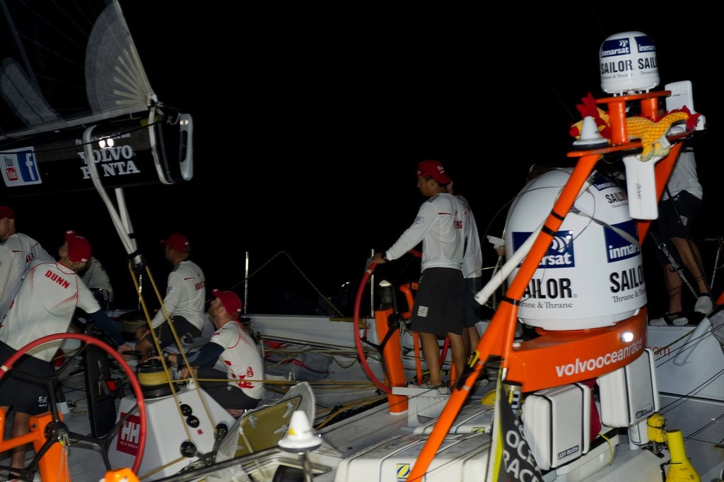 Teng Jiang He helming Team Sanya, skippered by Mike Sanderson from New Zealand finishing sixth on leg 3 of the Volvo Ocean Race 2011-12 from Abu Dhabi, UAE, to Sanya, China.  © Paul Todd/Volvo Ocean Race http://www.volvooceanrace.com