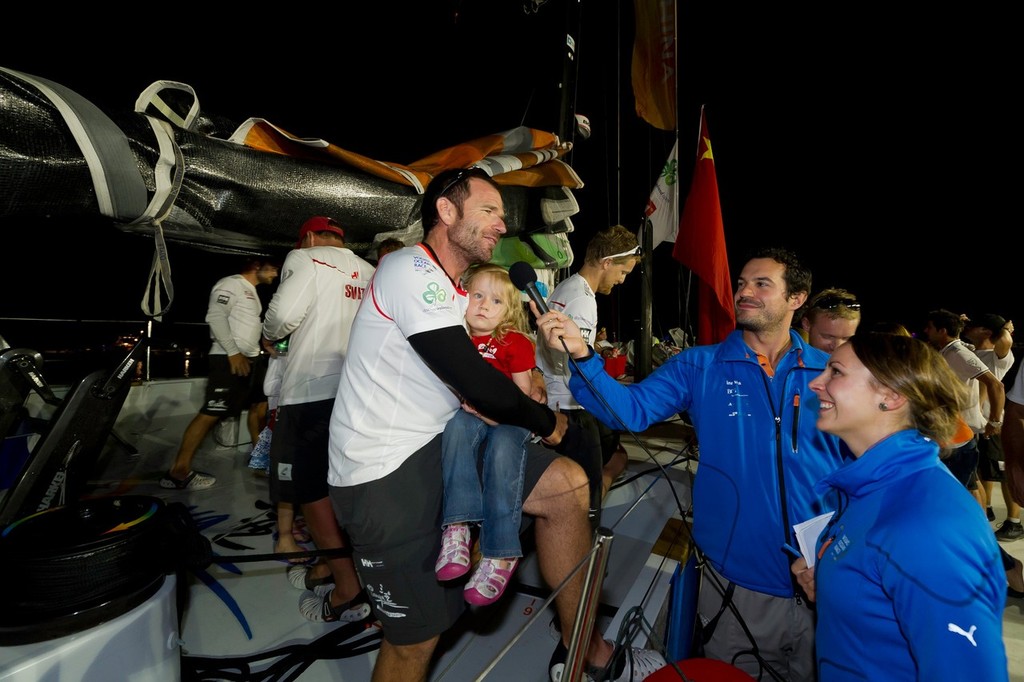 Team Sanya, skipper Mike Sanderson from New Zealand is interviewed after finishing sixth on leg 3 of the Volvo Ocean Race 2011-12 from Abu Dhabi, UAE, to Sanya, China.  © Paul Todd/Volvo Ocean Race http://www.volvooceanrace.com
