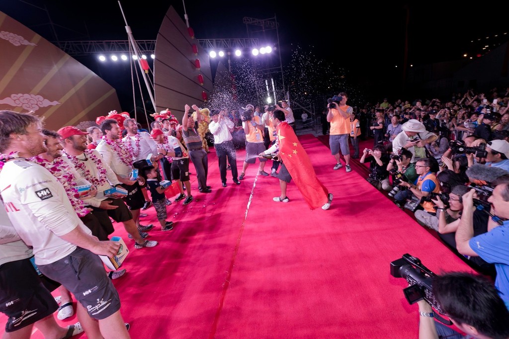 Team Sanya, skippered by Mike Sanderson from New Zealand finishing sixth on leg 3 of the Volvo Ocean Race 2011-12 from Abu Dhabi, UAE, to Sanya, China.  © Paul Todd/Volvo Ocean Race http://www.volvooceanrace.com
