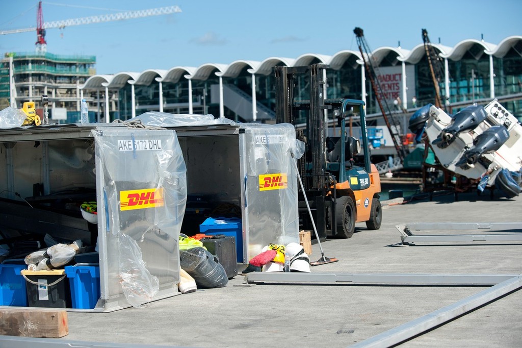 DHL air freight containers arrive in the Auckland race village, during the Volvo Ocean Race 2011-12.  © Paul Todd/Volvo Ocean Race http://www.volvooceanrace.com
