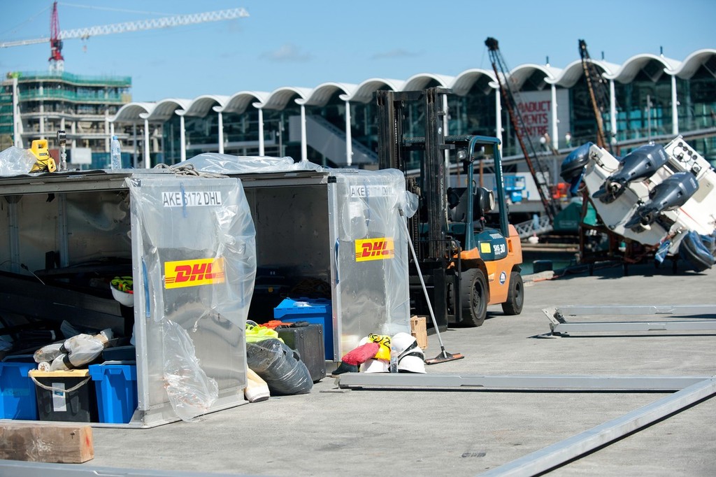 DHL air freight containers arrive in the Auckland race village, during the Volvo Ocean Race 2011-12. (Credit: PAUL TODD/Volvo Ocean Race) photo copyright Paul Todd/Volvo Ocean Race http://www.volvooceanrace.com taken at  and featuring the  class