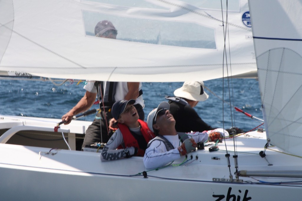 Zhik Etchells Australian Championships 2012 12 year old Harry Smith sailing with legends Vince Brun, Michael Coxon and Paul Westlake photo copyright Sail-World.com /AUS http://www.sail-world.com taken at  and featuring the  class