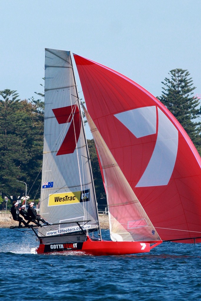 Gotta Love It 7 on her way to dominant win - Giltinan 18ft Skiff Championship 2012 photo copyright Frank Quealey /Australian 18 Footers League http://www.18footers.com.au taken at  and featuring the  class