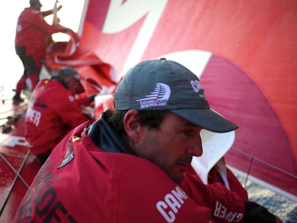 Roberto Bermudez de Castro changing sails onboard CAMPER with Emirates Team New Zealand during leg 3 of the Volvo Ocean Race 2011-12, from Abu Dhabi, UAE to Sanya, China.  © Hamish Hooper/Camper ETNZ/Volvo Ocean Race