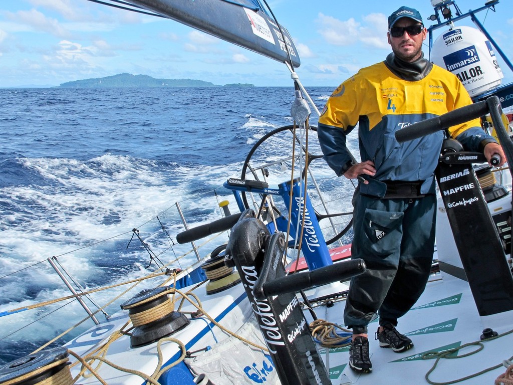 Zane Gills onboard Team Telefonica as they pass through the Solomon Islands during leg 4 of the Volvo Ocean Race 2011-12, from Sanya, China to Auckland, New Zealand.  © Diego Fructuoso /Team Telefónica/Volvo Ocean Race http://www.volvooceanrace.com