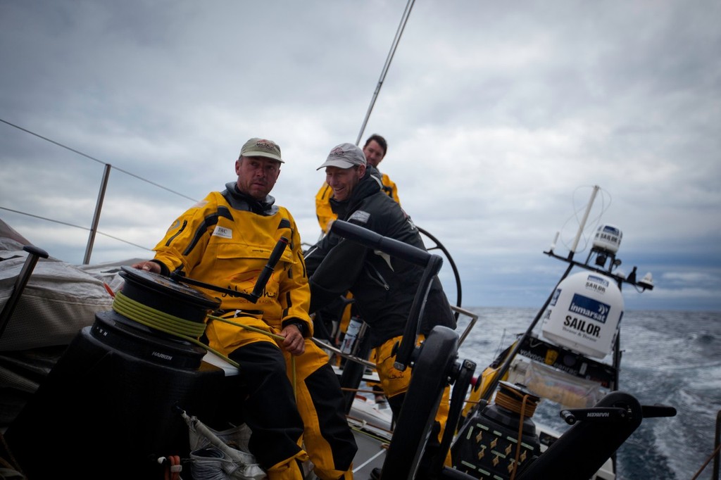 Watch Captains plotting the skippers birthday plans aboard Azzam. Abu Dhabi Ocean Racing during leg 4 of the Volvo Ocean Race 2011-12, from Sanya, China to Auckland, New Zealand.  © Nick Dana/Abu Dhabi Ocean Racing /Volvo Ocean Race http://www.volvooceanrace.org