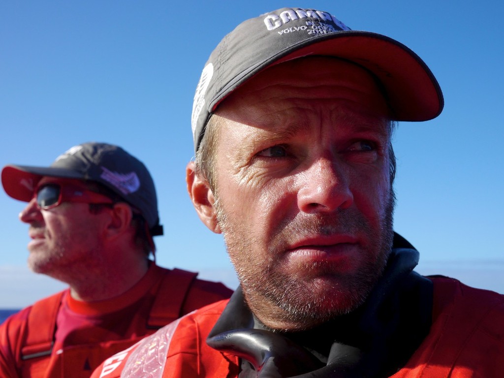 Skipper Chris Nicholson and navigator Will Oxley on deck of Camper during leg 4 of the Volvo Ocean Race 2011-12, from Sanya, China to Auckland, New Zealand.  © Hamish Hooper/Camper ETNZ/Volvo Ocean Race