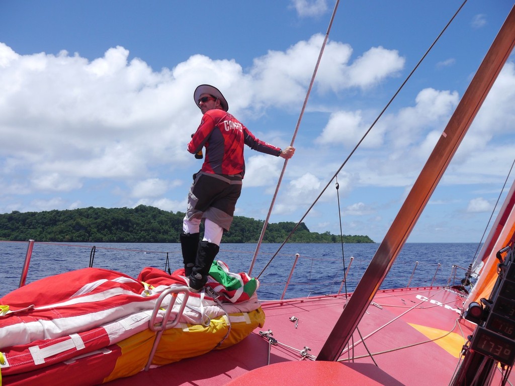 Navigator Will Oxley keeps a direct eye on things passing through the Solomon Islands onboard Camper  during leg 4 of the Volvo Ocean Race 2011-12, from Sanya, China to Auckland, New Zealand.  © Hamish Hooper/Camper ETNZ/Volvo Ocean Race