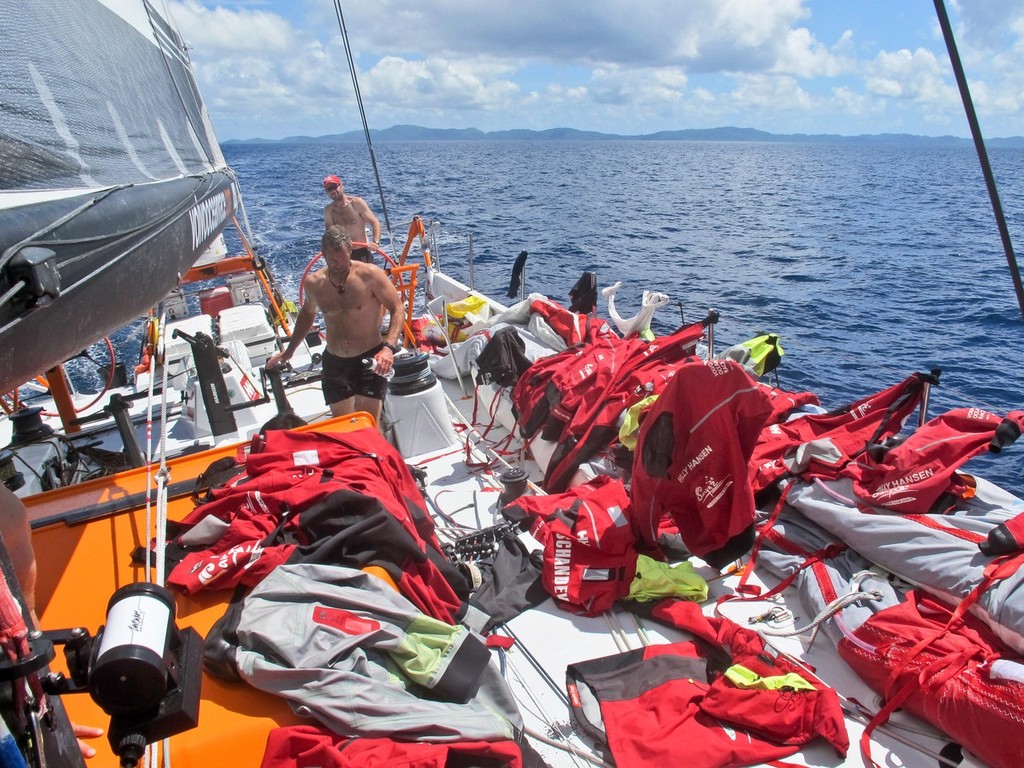 Drying out the foul weather gear onboard Team Sanya during leg 4 of the Volvo Ocean Race 2011-12, from Sanya, China to Auckland, New Zealand. (Credit: Andr?s Soriano/Team Sanya/Volvo Ocean Race photo copyright Andres Soriano/Team Sanya/Volvo Ocean Race taken at  and featuring the  class