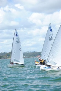 Close finish between Antje Muller, David Brown, and Tom Arthur - 2012 Europe Dinghy New Zealand Championships photo copyright Andy Greager taken at  and featuring the  class