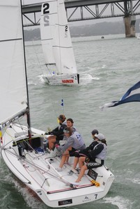 Boat 7. Soar Printing (Katie de Lange) enters for her pre-start against Boat 2. Watts & Hughes (Tim Coltman) - HARKEN Youth International Match Racing Championships photo copyright Sara Tucker taken at  and featuring the  class