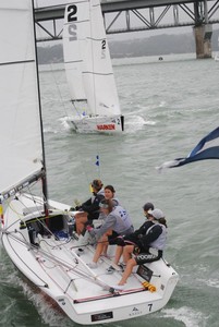 Boat 7. Soar Printing (Katie de Lange) enters for her pre-start against Boat 2. Watts & Hughes (Tim Coltman) - HARKEN Youth International Match Racing Championships photo copyright Sara Tucker taken at  and featuring the  class