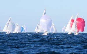 Etchells World Championship Sydney Australia 2012.    Mark Bulks racing Perfect Balance leading into the finish line with Tom KIng (Iron Lotus) and Brett Ellis (Ticket of Leave) chasing in second and third. photo copyright Ingrid Abery http://www.ingridabery.com taken at  and featuring the  class