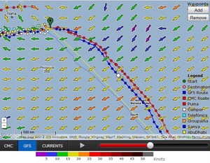 Fleet positions as at 25 February 2012 at 0900 GMT. Camper must sail carefully for the next three days, and doesnt hit the tradewinds (yellow arrows) until she reaches the position indicated by the white dot, three days hence. photo copyright PredictWind.com www.predictwind.com taken at  and featuring the  class