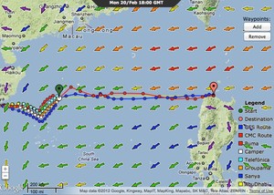 Groupama will have a near direct course to the waypoint at the Philippines according to the positions at 1800 GMT on 20 February 2012 photo copyright PredictWind.com www.predictwind.com taken at  and featuring the  class