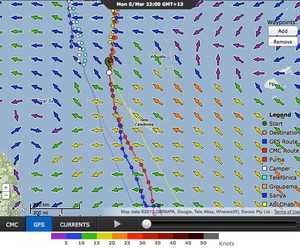 The split fleet positions five days out form the finish of the Volvo Ocean Race. the SE Trades can be clearly seen with the yellow and orange arrows photo copyright PredictWind.com www.predictwind.com taken at  and featuring the  class