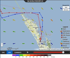 The recommended route, five days out from the finish is to stand well to the east of New Zealand. photo copyright PredictWind.com www.predictwind.com taken at  and featuring the  class