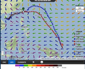 Telefonica&rsquo;s options - take the blue course and stronger winds, but pick up more distance. The wind speeds can be read off the coloured legend at the bottom of the shot photo copyright PredictWind.com www.predictwind.com taken at  and featuring the  class