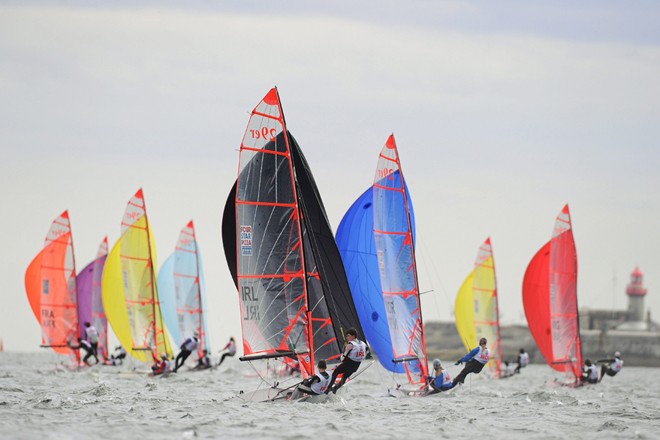 Tadgh Donnelly, crew, and his brother Sean, helm, Ireland, in action in class Open Skiff - 29er, during the Four Star Pizza ISAF Youth Sailing World Championship © Dave Maher/Sportsfile http://www.isafyouthworlds.com/