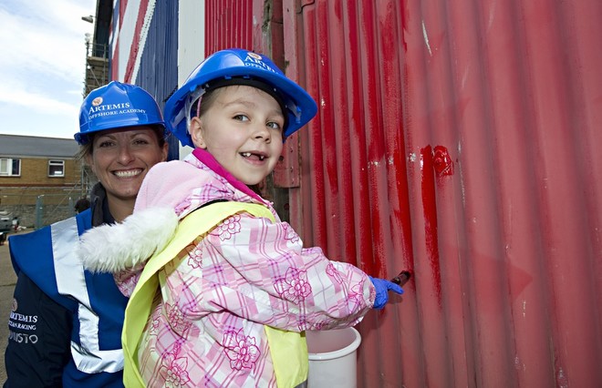 A group of children from Holy Cross primary school in East Cowes today made their mark on the Union Jack doors of Columbine Shed. © Lloyd Images http://lloydimagesgallery.photoshelter.com/