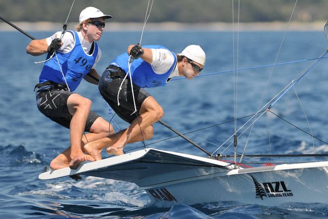 NZL 49er Peter Burling/Blair Tuke, blue bibs (for second boat overall) rounding top mark - 2012 49er Worlds, Croatia © Nikola Sisko