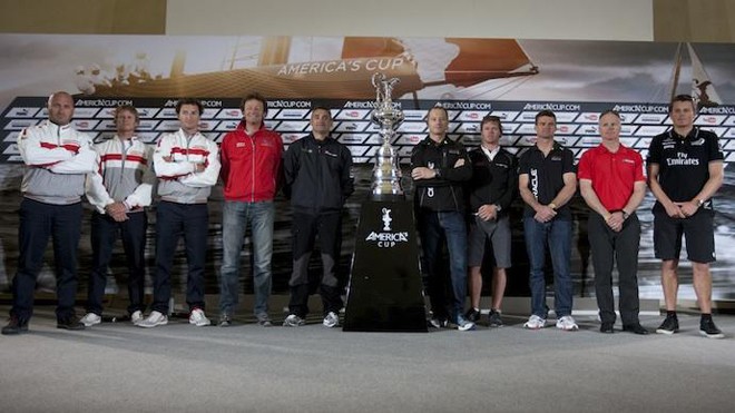 America&rsquo;s Cup Competitors with the AC trophy &copy; ACEA - Photo Gilles Martin-Raget http://photo.americascup.com/