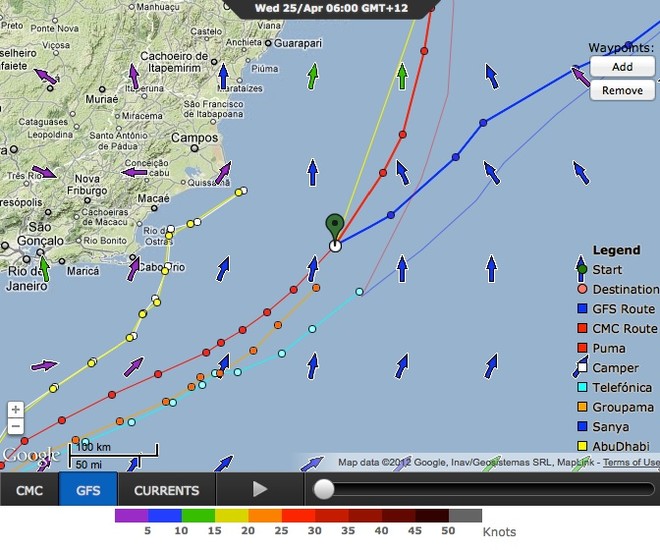 Positions on Leg 6 of the Volvo Ocean race as of 2100hrs on 24 April 2012, UTC, and they head for the eastern most corner of the South American continent © PredictWind.com www.predictwind.com