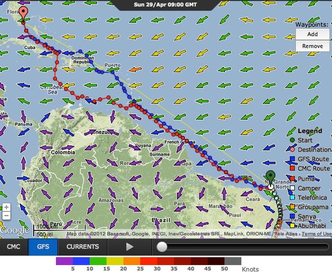 Volvo Ocean Race positions, Leg 6 at 1122hrs on 29 April: Predictwind shows the boats playing follow the leader, for much of the route, but some different options come into play as the boats near the finish. © PredictWind.com www.predictwind.com