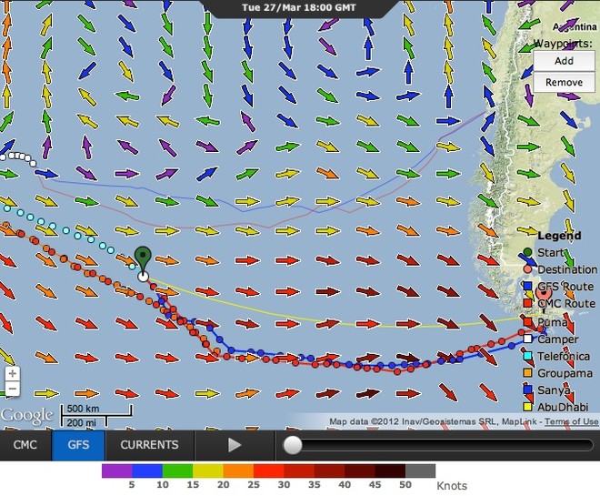 Tracks (bold for Telefonica, and light for Camper) as they head for Ushuaia and Puerto Montt respectively. Leg 5 2011-12 Volvo Ocean Race. © PredictWind.com www.predictwind.com