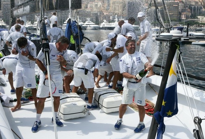 Sailing-yacht-Esimit-Europa-2-Crew-celebrate-breaking-Palermo-Monte-Carlo-record-Photo-by-Andrea-Carloni ©  SW