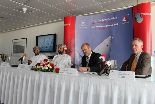 Right to Left: David Graham CEO of Oman Sail, Jeff Martin Executive Secretary of ILCA, HE Sheikh Rashad Al Hinai Undersecretary of Omans Ministry of Sports Affairs and Issa Al Ismaili Director of Events in Oman Sail - Laser World Championships 2013 © OmanSail 