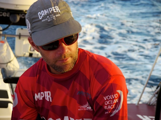 Skipper Chris Nicholson onboard Camper with Emirates Team New Zealand during leg 5 of the Volvo Ocean Race 2011-12, from Auckland, New Zealand to Itajai, Brazil.  © Hamish Hooper/Camper ETNZ/Volvo Ocean Race