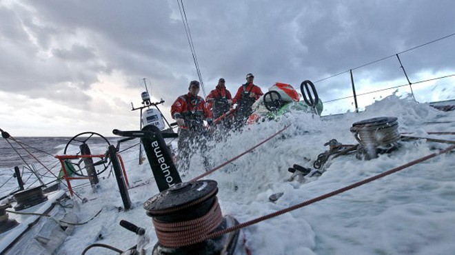 A wet sunset, onboard Groupama 4 during leg 7 of the Volvo Ocean Race 2011-12 © Yann Riou/Groupama Sailing Team /Volvo Ocean Race http://www.cammas-groupama.com/