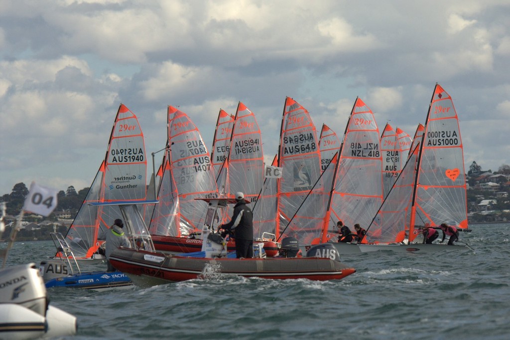 29ers tightly bunched on start line of Race 6 - 2012 AUS Mid-Winter Youth Championships photo copyright David Price taken at  and featuring the  class