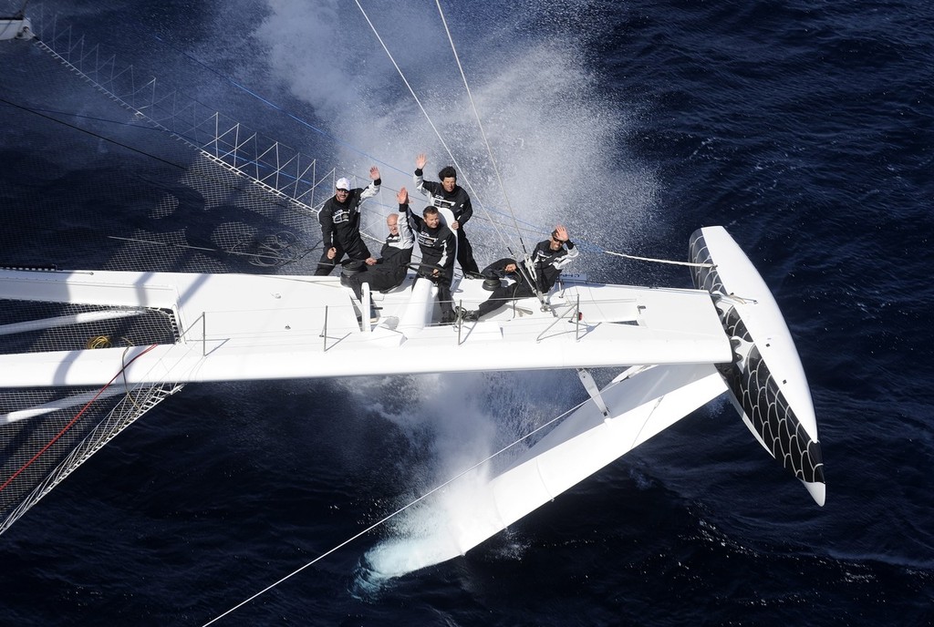 Close up of the hinged foil as used in l’Hydroptere. A different concept along the same theme using hinged daggerboards has been raised in the context of the 34th America’s Cup<br />
 © l'hydroptere.ch http://www.hydroptere.com