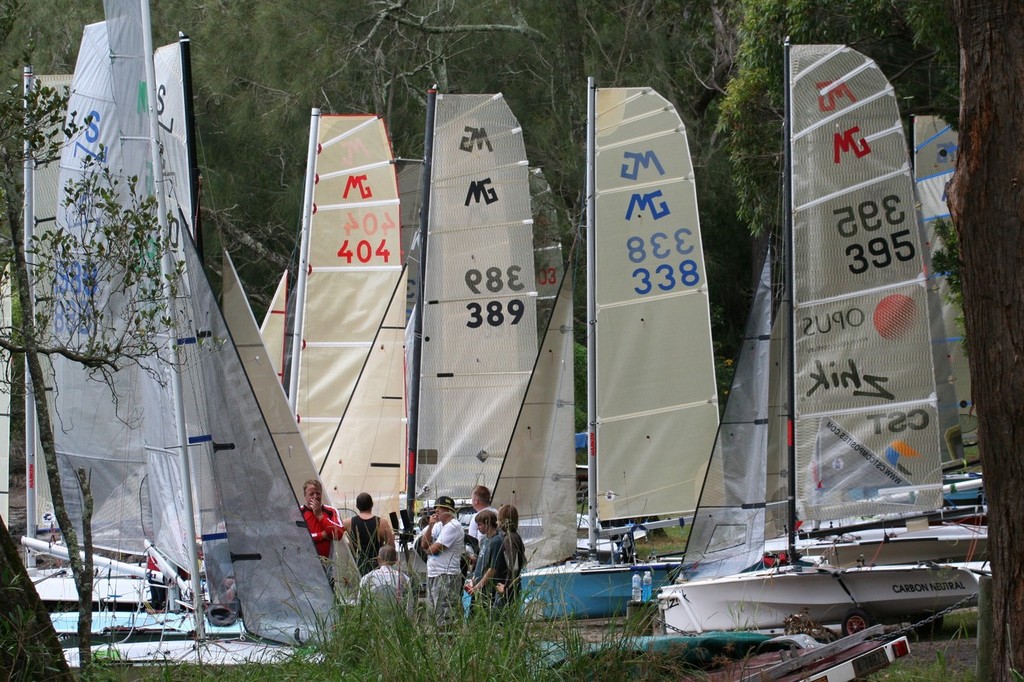 Packed rigging area at Queens Lake Sailing Club - MG NSW State Titles photo copyright Rohan Nosworthy taken at  and featuring the  class