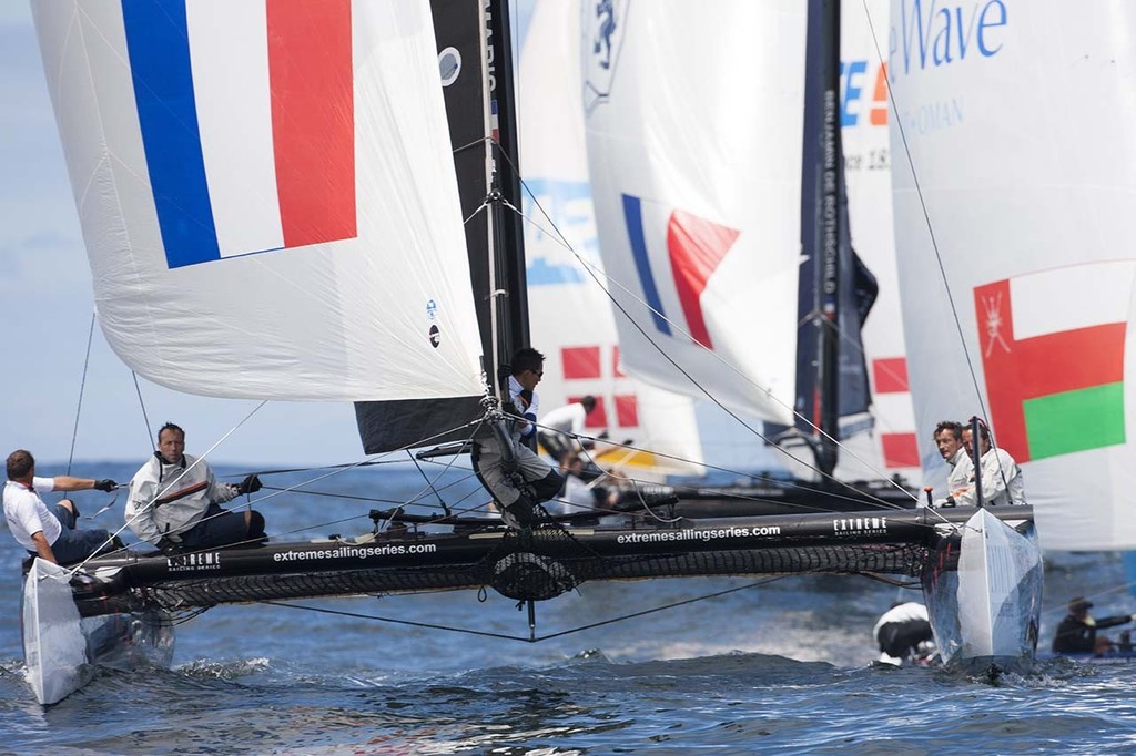 Groupe Edmond de Rothschild leads the Extreme-40 fleet during offshore racing on day 1 in Porto - Extreme Sailing Series 2012 photo copyright Roy Riley / Lloyd Images http://lloydimagesgallery.photoshelter.com/ taken at  and featuring the  class