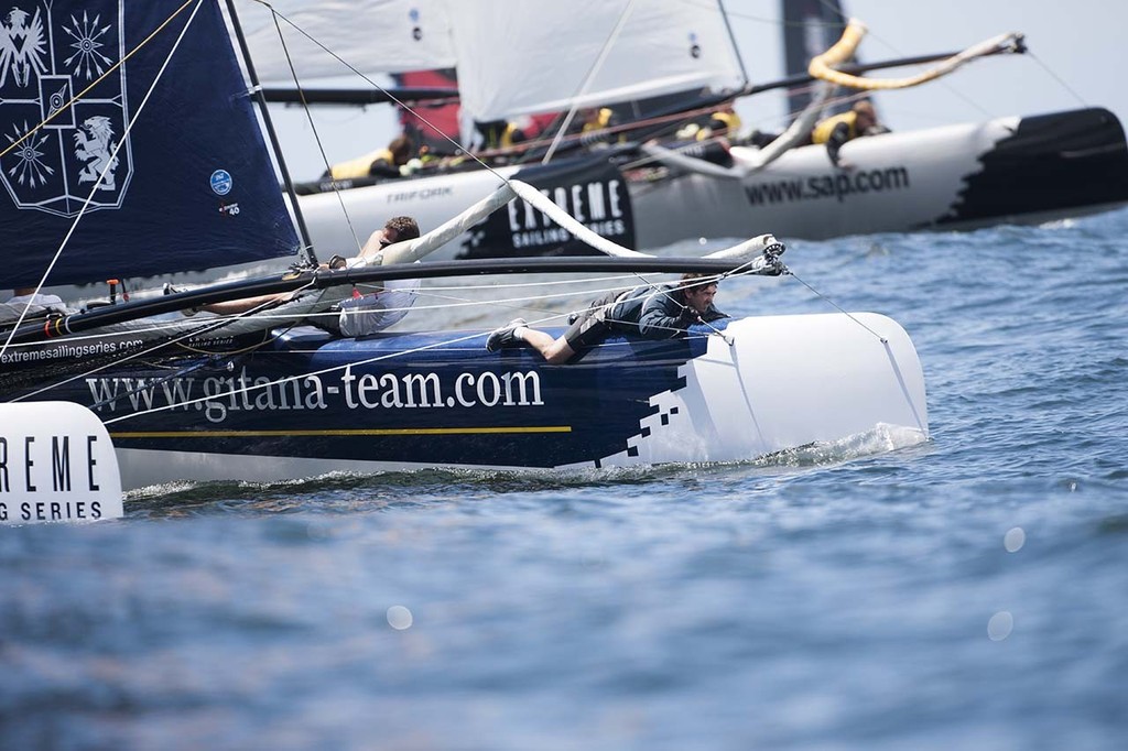 Groupe Edmond de Rothschild races upwind during offshore racing on day 1 in Porto - Extreme Sailing Series 2012 photo copyright Roy Riley / Lloyd Images http://lloydimagesgallery.photoshelter.com/ taken at  and featuring the  class