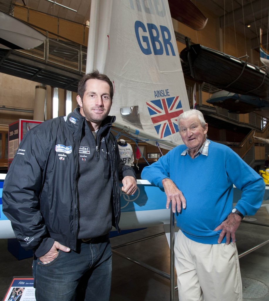 Picture by Mike Thomas 09/05/2012.
David Bond 90yrs who is the last surviving Olympic gold medallist from London 1948 meets Ben Ainslie Britains most successful Olympic sailor at the National Maritime Museum Cornwall in Falmouth.
 CONTACT TAMSIN LOVELESS 01326214536/07855798536. - London 2012 Olympic Games photo copyright Mike Thomas taken at  and featuring the  class