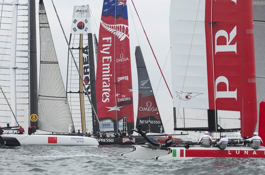 Emirates Team New Zealand start fleet race one of day three of the America’s Cup World Series regatta in Naples. © Chris Cameron/ETNZ http://www.chriscameron.co.nz