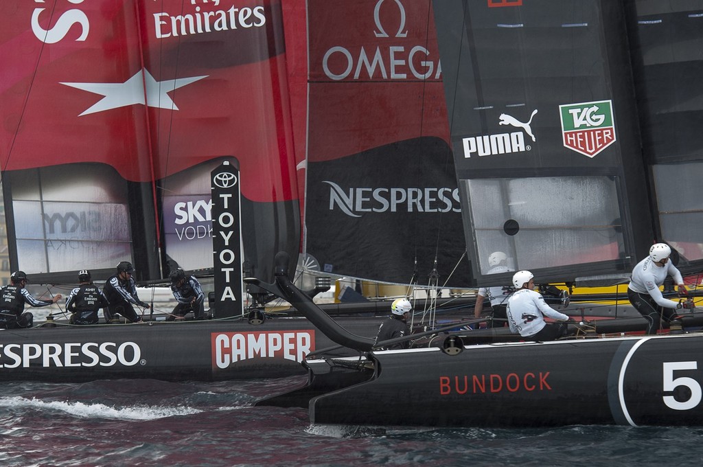 Emirates Team New Zealand and Oracle Racing Bundock in the final fleet race of the America's Cup World Series regatta in Naples. 15/4/2012 - America’s Cup World Series Naples 2012 photo copyright Chris Cameron/ETNZ http://www.chriscameron.co.nz taken at  and featuring the  class