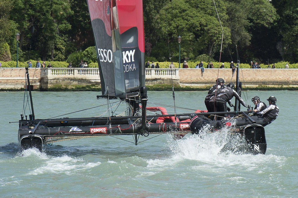 Emirates Team New Zealand almost lose their guest racer in the first race on day two. America’s Cup World Series Venice regatta. Venice Italy.  © Emirates Team New Zealand / Photo Chris Cameron ETNZ 
