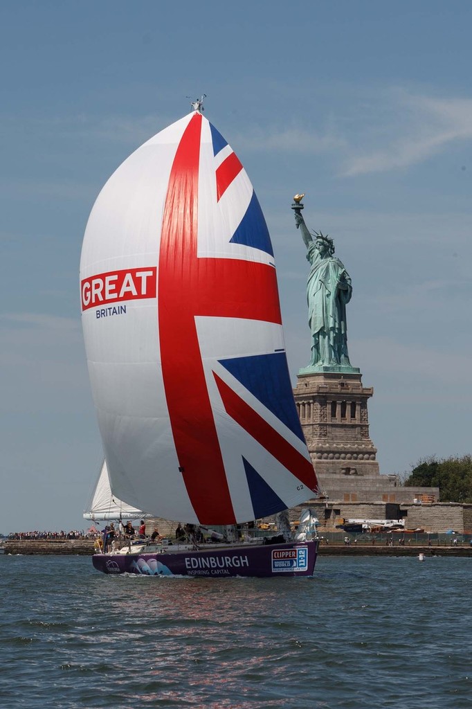 The Clipper Round the World Yacht Race fleet arrives in New York after performing a parade of sail to celebrate Queen Elizabeth IIÕs Diamond Jubilee. British entries Welcome to Yorkshire and Edinburgh Inspiring Capital fly their purpose made Great Britain spinnakers in a tribute to the Diamond Jubilee © Abner Kingman http://www.kingmanphotography.com